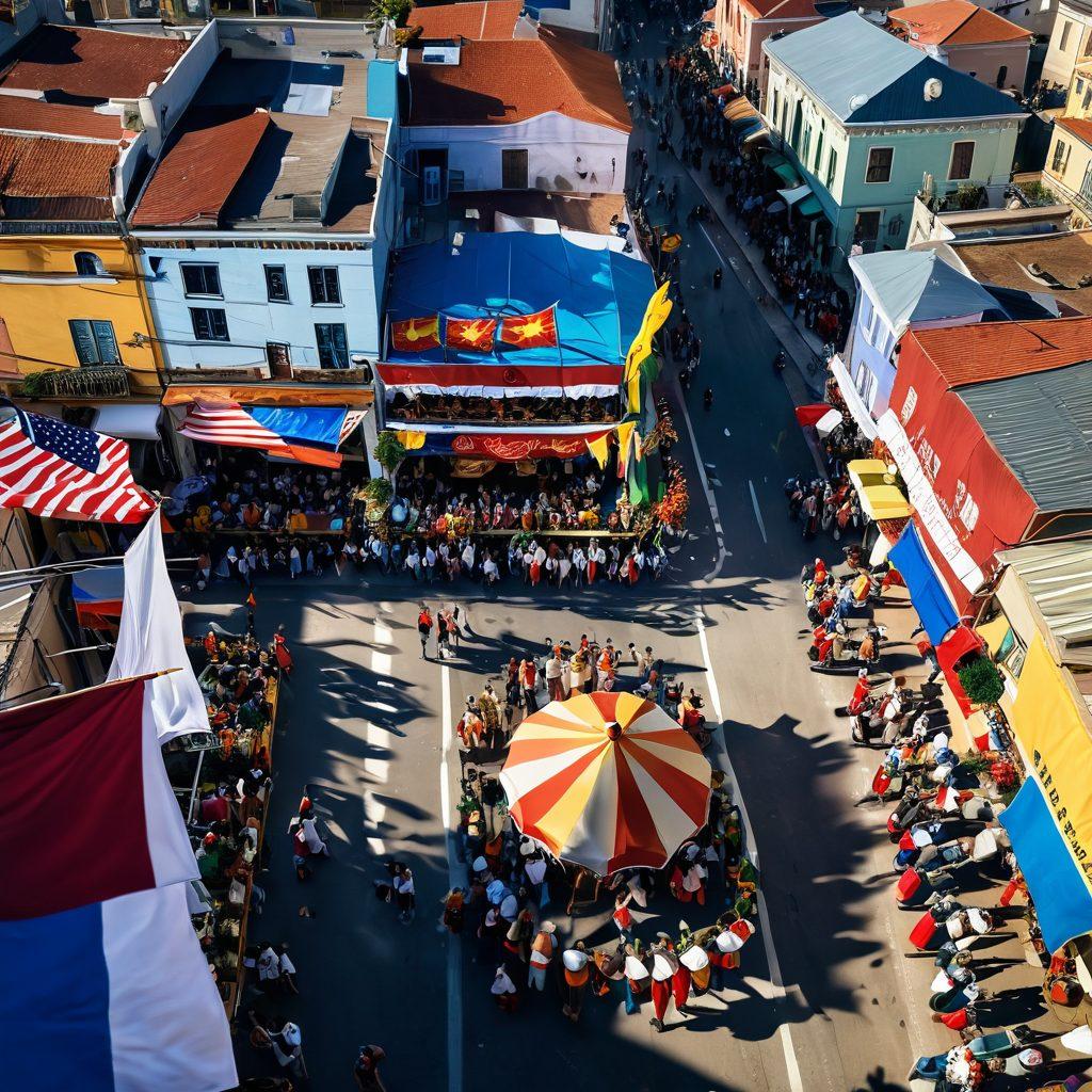 An aerial view of vibrant festivals in Bassoro, showcasing colorful parades with traditional costumes, joyful communities celebrating, unique local foods on display, and decorated streets filled with people. Sunlight filtering through clusters of flags, creating a warm atmosphere. super-realistic. vibrant colors. festive atmosphere.