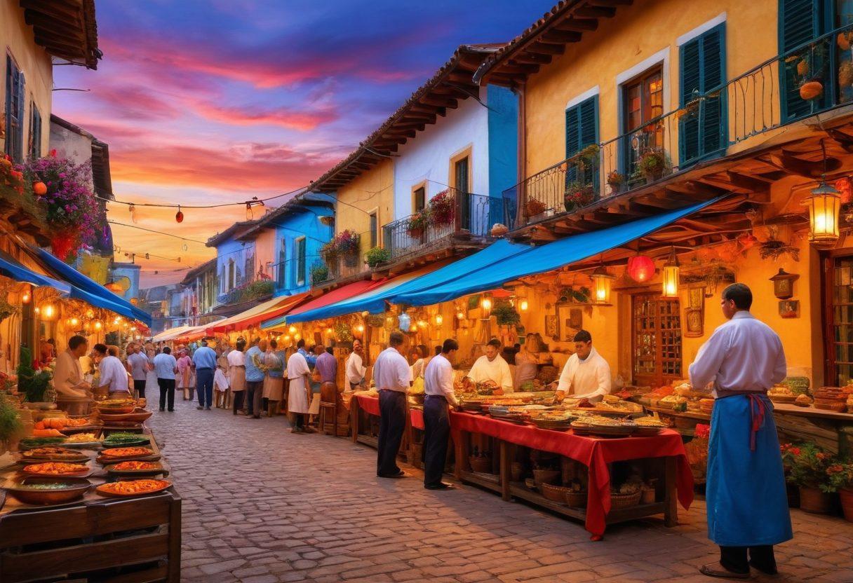 A vibrant marketplace scene showcasing artists painting traditional Bassoro art, chefs preparing colorful dishes, and performers engaging in cultural dances. The atmosphere is lively, filled with rich textures and bold colors representing the fusion of art and cuisine. The backdrop features iconic local architecture, with floating lanterns illuminating the evening sky. Aspects of community and joy should be evident throughout the scene. super-realistic. vibrant colors. dynamic composition.