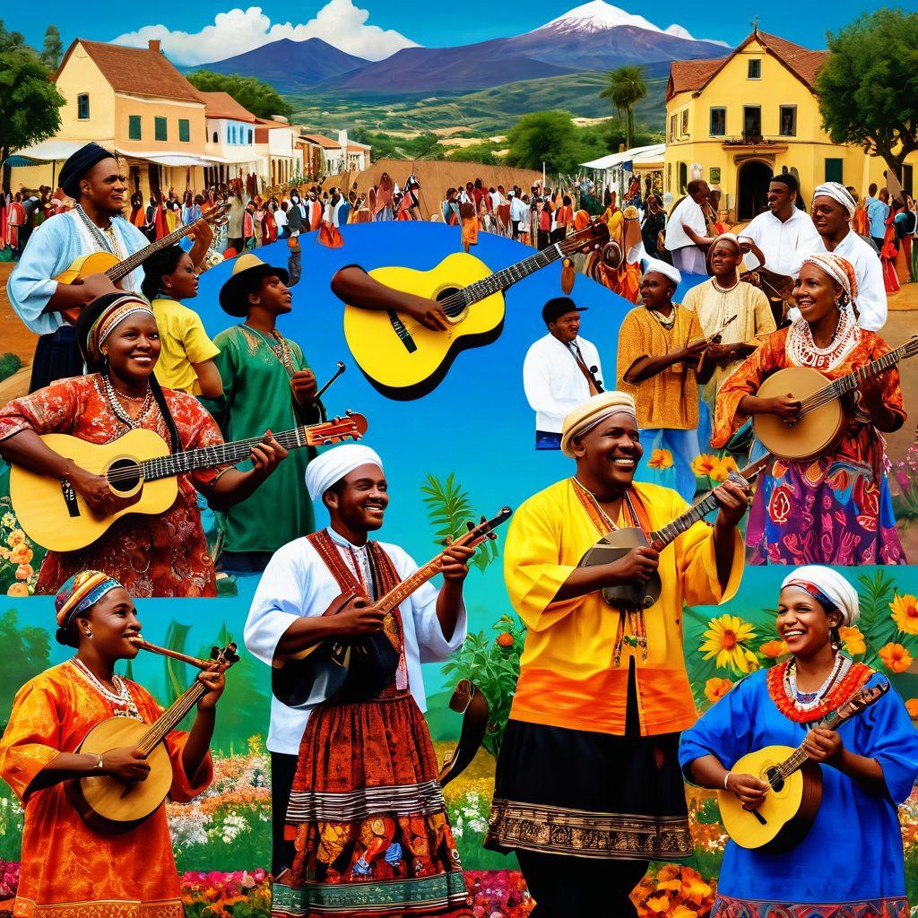 A colorful collage showcasing the essence of Bassoro, featuring local musicians playing traditional instruments amidst a lively community celebration. Include traditional clothing with intricate patterns, vibrant decorations, and joyful faces of diverse community members dancing. The background should depict a picturesque landscape of Bassoro with vibrant flowers and cultural symbols. The overall atmosphere should radiate warmth and joy. vibrant colors. super-realistic.